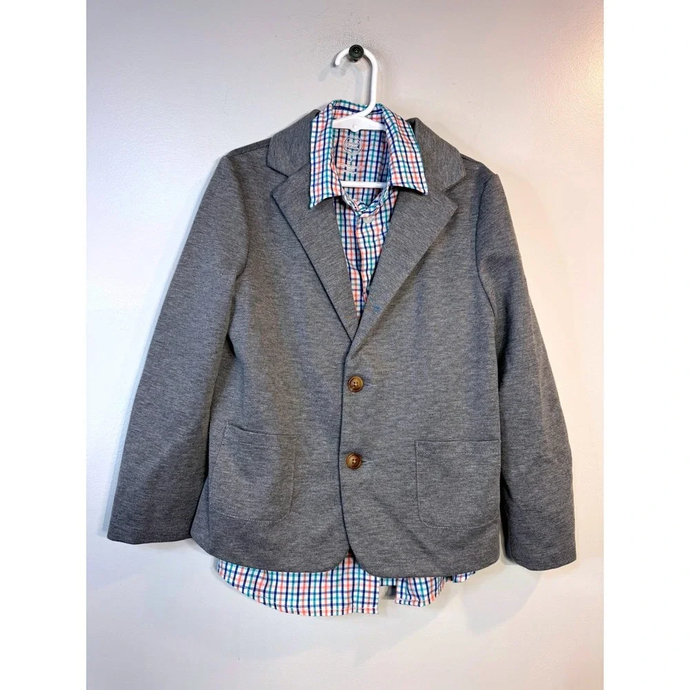Wonder Nation Gray Knit Blazer & Plaid‎ Button Down Shirt Set Boys 7 Easter Prep